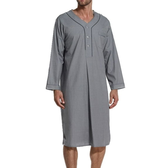 Defitshape Men's Cotton House Coat Long Sleeve Robe Soft Sleeping Loose Trendy Knee Length Baggy Pocket Nightshirt Grey Medium