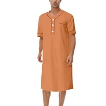 Defitshape Men's Cotton Nightshirt House Coat Short Sleeve Robe Comfy Sleep Shirt Fall Long V Neck Side Split Soft Knee Length Night Gown Baggy Housecoat Loungewear Orange Large