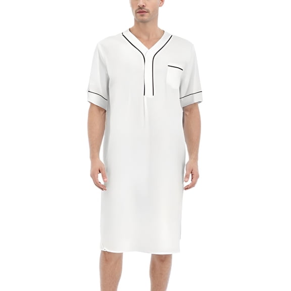 Defitshape Men's 100 Cotton Nightshirt Soft V Neck Sleepshirt Comfy Nigh Shirt Lounge Sleeping Knee Length Henley Sleep Shirt Short Sleeve Nightgown White Small