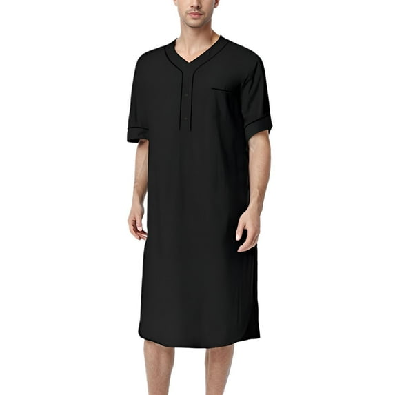 Defitshape Men's Cotton Nightshirt House Coat Short Sleeve Robe Comfy Sleep Shirt Fall Long V Neck Side Split Soft Knee Length Night Gown Baggy Housecoat Loungewear Black Small