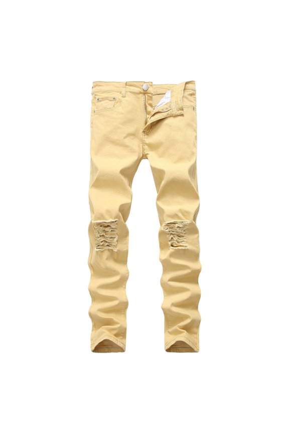 Men's Denim Pant Ripped Jeans Button Destroyed Curvy Long Stretch Shredded Pocket Pants Khaki 38
