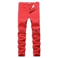 thumbnail image 1 of Defitshape Men's Denim Pant Ripped Jeans Button Destroyed Curvy Long Stretch Shredded Pocket Pants Red 30, 1 of 2