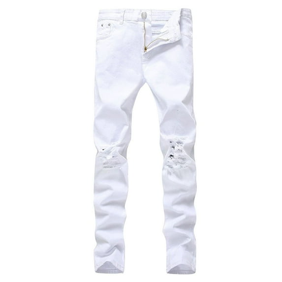 Defitshape Men's Denim Pant Ripped Jeans Button Destroyed Curvy Long Stretch Shredded Pocket Pants White 28