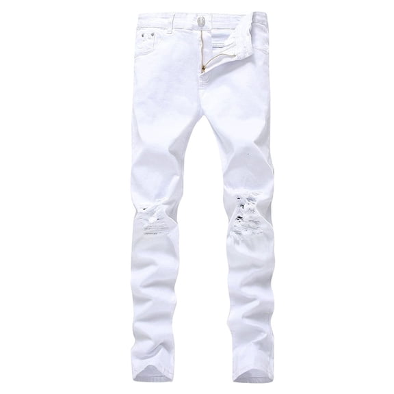 Defitshape Men's Denim Pant Ripped Jeans Button Destroyed Curvy Long Stretch Shredded Pocket Pants White 30