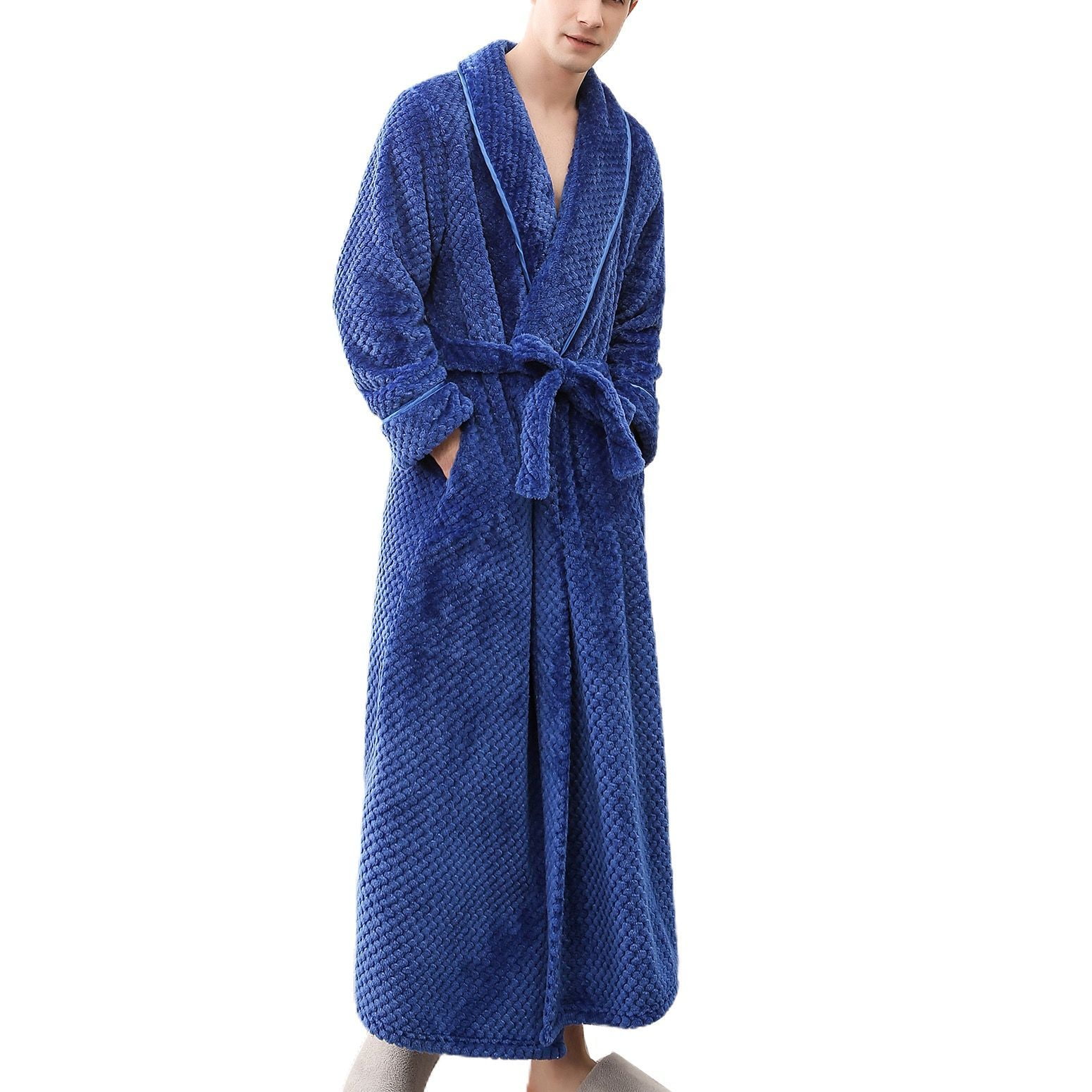 Defitshape Men's Long Robe Warm Fuzzy Winter Fleece Thick Spa Bathrobe ...