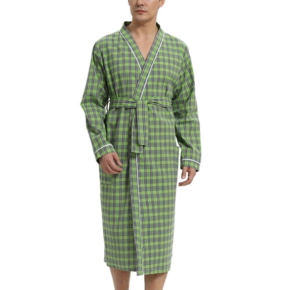 Defitshape Men's Long Sleeve Cotton Robe Summer Plaid Soft Long Robe Comfy Vintage Wrap Lightweight SPA Hot Tub Bath Robe Trendy Sleepwear Green Large