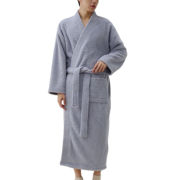 Defitshape Men's Long Sleeve Fuzzy Robe Soft Fleece Winter Long Bath Robes Thick House Sleeping Sleepwear Grey Medium
