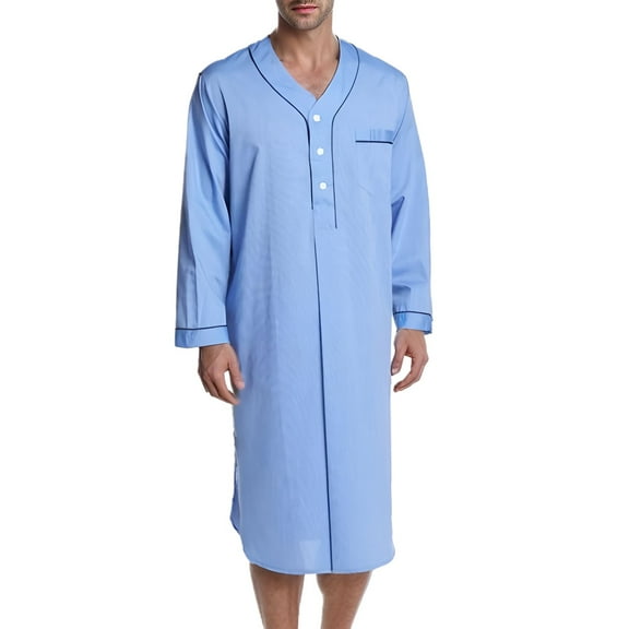 Defitshape Men's Long Sleeve Nightshirt 100 Cotton Soft Nightgown Long House Coat V Neck Sleep Gown Knee Length Loose Fit Night Shirt Sleeping Housecoat Comfy Sleep Shirt Light Blue Large