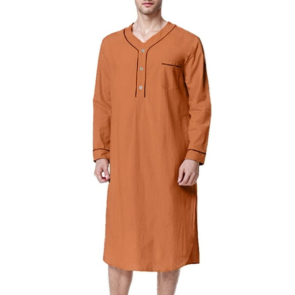 Defitshape Men's Cotton House Coat Long Sleeve Robe Soft Sleeping Loose Trendy Knee Length Baggy Pocket Nightshirt Orange X-Large