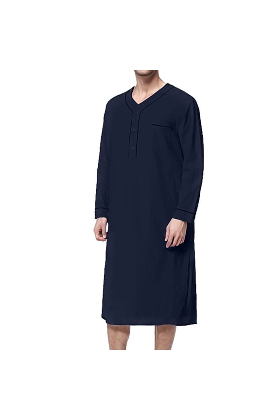 Men's Cotton House Coat Long Sleeve Robe Soft Sleeping Loose Trendy Knee Length Baggy Pocket Nightshirt Navy X-Large