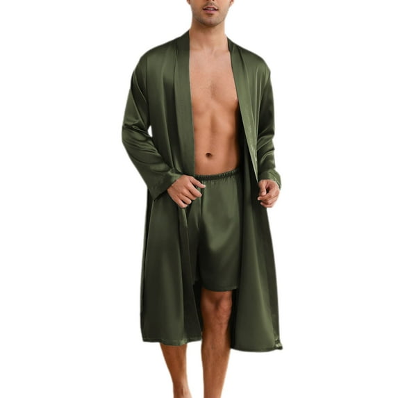 Defitshape Men's Long Sleeve Pajama Set Silk Robe Boxer Shorts 2 Piece Satin Pjs Summer Fall Bath SPA Comfy Soft Fall Oversized Cool Sleepwear Grey Green X-Small