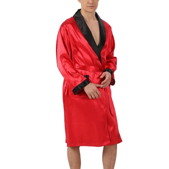 Defitshape Men's Long Sleeve Robe Pajama Shorts Bathrobe Boxer Shorts Lounge Set Satin 2 Piece Soft Summer Lightweight Cool Thin Pj Set Red X-Large