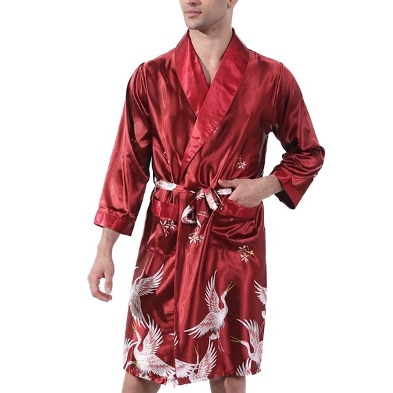 Defitshape Men's Long Sleeve Robe Satin Comfy Summer Silky Fall Shawl Collar Pockets Cool Lightweight Bathrobe Halloween Red Large