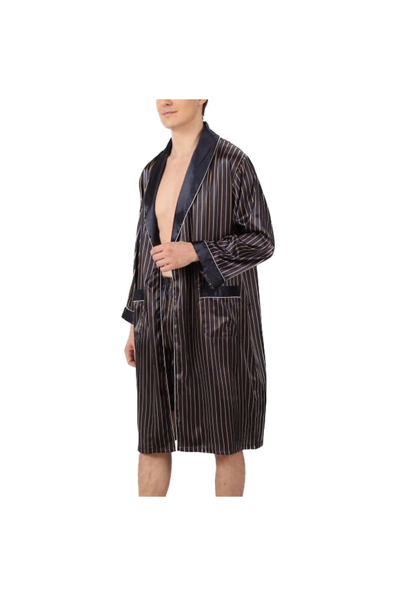 Men's Long Sleeve Robe Satin Silky Bathrobe Boxers Shorts Lounge Set Silk Sleepwear Lightweight Spring Fall Pajamas Pocket Striped 3X-Large