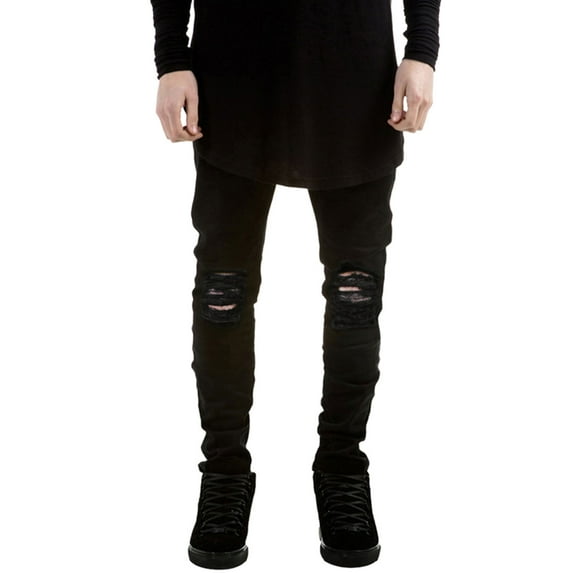 Defitshape Men's Ripped Jeans Destroyed Tapered Leg Skinny Demin Pants Stretch Distressed Black 30W x 30L
