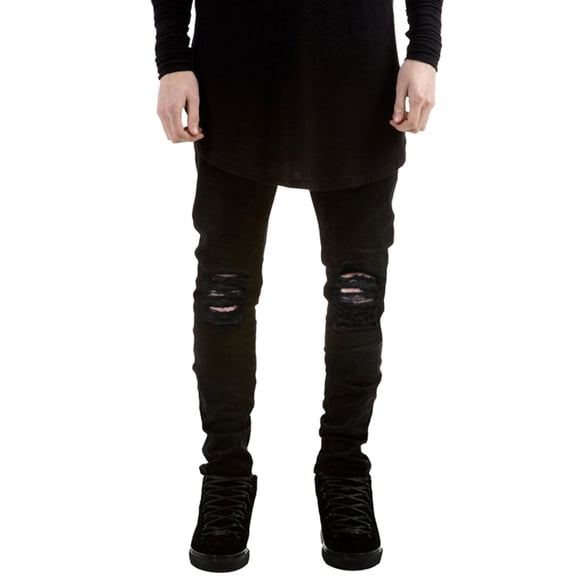 Defitshape Men's Ripped Jeans Destroyed Tapered Leg Skinny Demin Pants Stretch Distressed Black 30W x 30L
