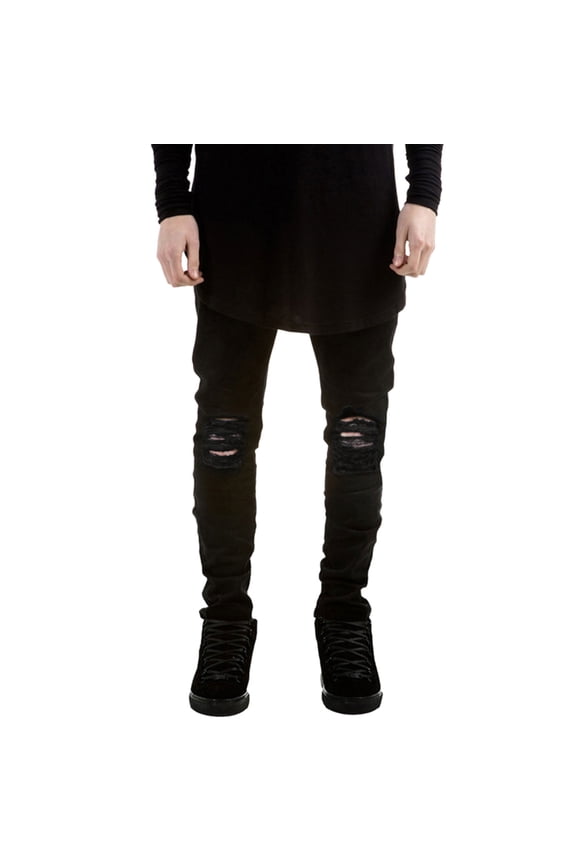 Men's Ripped Jeans Destroyed Tapered Leg Skinny Demin Pants Stretch Distressed Black 34W x 32L
