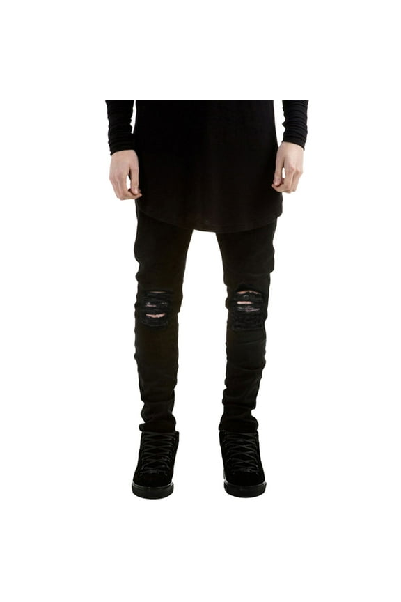 Men's Ripped Jeans Destroyed Tapered Leg Skinny Demin Pants Stretch Distressed Black 36W x 32L