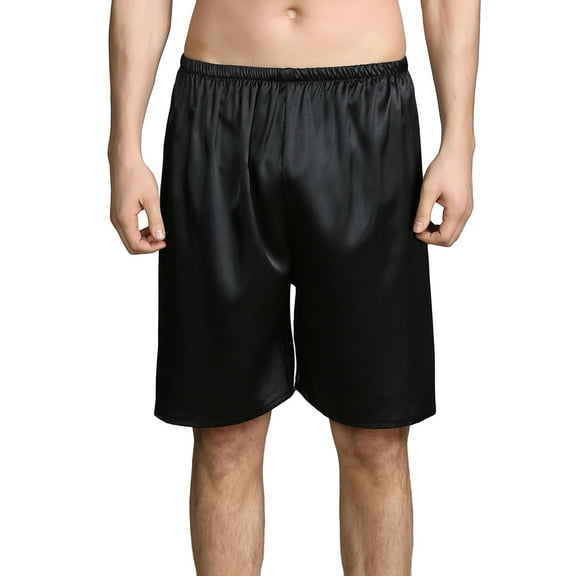 Defitshape Men's Satin Boxer Shorts Silk Sleep Luxury Elastic Waist Summer Soft Comfy Print Silky Loose Above Knee Solid Underwear Pj Pajama Bottoms Black Large