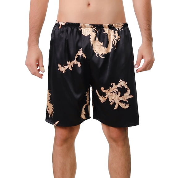 Defitshape Men's Satin Boxer Shorts Silk Sleep Luxury Elastic Waist Summer Soft Comfy Print Silky Loose Above Knee Solid Underwear Pj Pajama Bottoms Black Dragon XX-Large