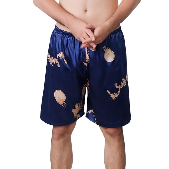 Defitshape Men's Satin Boxer Shorts Silk Sleep Luxury Elastic Waist Summer Soft Comfy Print Silky Loose Above Knee Solid Underwear Pj Pajama Bottoms Blue Dragon Large