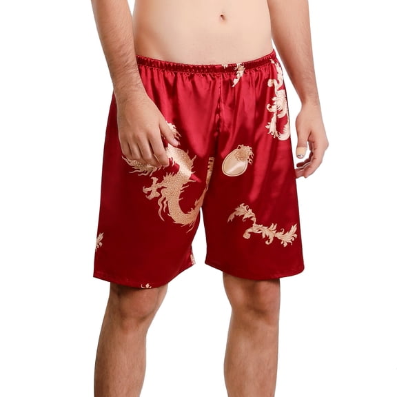 Defitshape Men's Satin Boxers Silk Shorts Summer Loungewear Elastic Waist Dragon Graphic Pattern Lightweight Bermuda Pj Sleeping Bottoms Lounge Sleep Short Pajama Pants Sleepwear Red Dragon Small