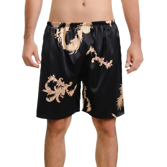 Defitshape Men's Satin Boxers Silk Shorts Summer Loungewear Elastic Waist Dragon Graphic Pattern Lightweight Bermuda Pj Sleeping Bottoms Lounge Sleep Short Pajama Pants Sleepwear Black Dragon XX-Large