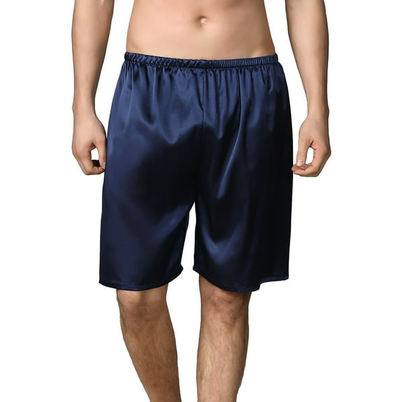 Defitshape Men's Satin Boxers Silk Shorts Summer Loungewear Elastic Waist Graphic Pattern Lightweight Bermuda Pj Sleeping Bottoms Lounge Sleep Short Pajama Pants Sleepwear Navy XX-Large