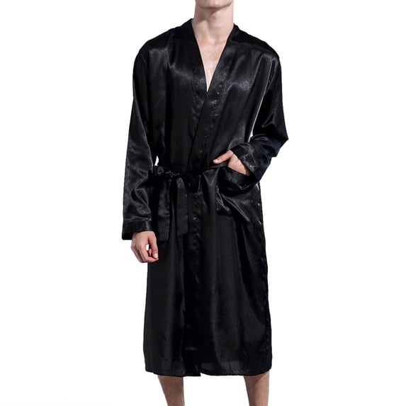 Defitshape Men's Satin Kimono Robe Knee Length Lightweight SPA Summer Lounge Long Sleeve Silky Bath Robe Soft Bathrobe with Pocket Silk Black XX-Large