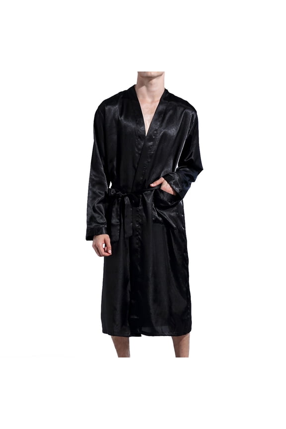Men's Satin Kimono Robe Knee Length Lightweight SPA Summer Lounge Long Sleeve Silky Bath Robe Soft Bathrobe with Pocket Silk Black XX-Large