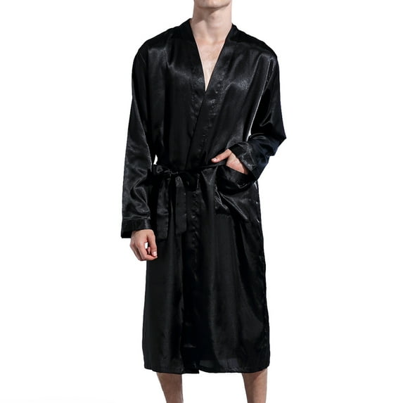 Defitshape Men's Satin Kimono Robe Knee Length Lightweight SPA Summer Lounge Long Sleeve Silky Bath Robe Soft Bathrobe with Pocket Silk Black Medium