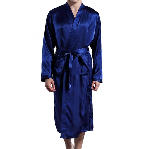 Defitshape Men's Satin Kimono Robe Knee Length Lightweight SPA Summer Lounge Long Sleeve Silky Bath Robe Soft Bathrobe with Pocket Silk Blue X-Large