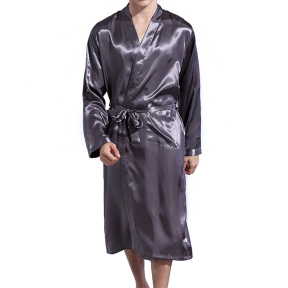 Defitshape Men's Satin Kimono Robe Knee Length Lightweight SPA Summer Lounge Long Sleeve Silky Bath Robe Soft Bathrobe with Pocket Silk Grey Medium
