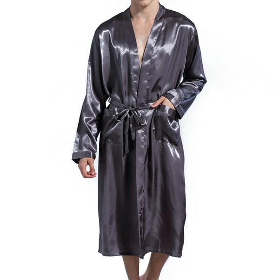 Defitshape Men's Satin Kimono Robe Long Spa Bathrobes Sleepwear Luxurious Silk Long Sleeve Loungewear Grey XL