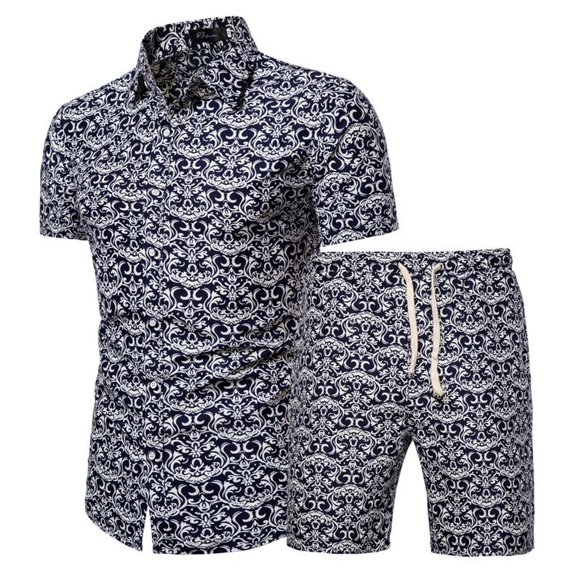 Defitshape Men's Short 2 Piece Outfit Party Short Sleeve Button Up Shorts Set Casual Suits Summer Cool Beach Vacation Slim Fit Matching Set Suit Style1 Small