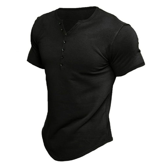 Defitshape Men's Short Sleeve Henley Shirts Soft T Shirt V Neck Fitted Basic Crew Neck Summer Running Vacation Cotton Tshirt Black Small