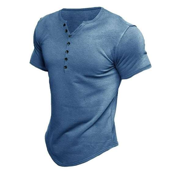 Defitshape Men's Short Sleeve Henley Shirts Soft T Shirt V Neck Fitted Basic Crew Neck Summer Running Vacation Cotton Tshirt Blue XX-Large