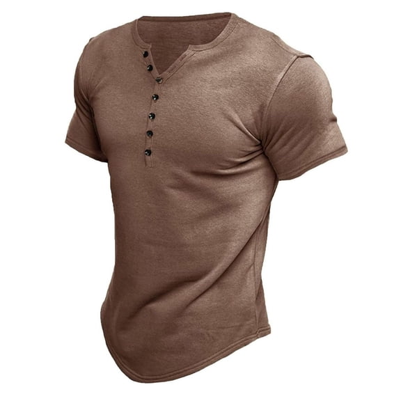 Defitshape Men's Short Sleeve Henley Shirts Soft T Shirt V Neck Fitted Basic Crew Neck Summer Running Vacation Cotton Tshirt Brown Small