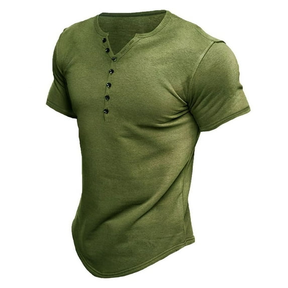 Defitshape Men's Short Sleeve Henley Shirts Soft T Shirt V Neck Fitted Basic Crew Neck Summer Running Vacation Cotton Tshirt Green Large
