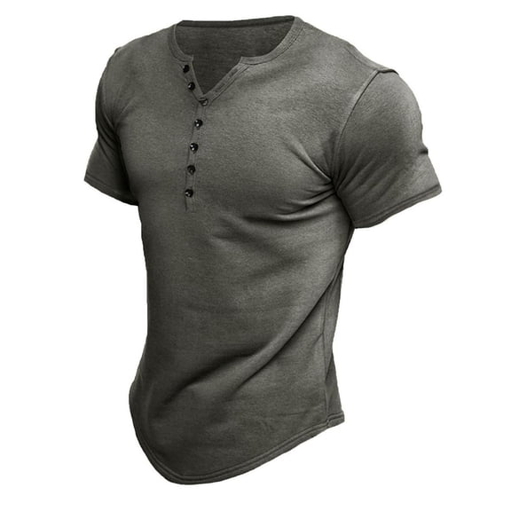 Defitshape Men's Short Sleeve Henley Shirts Soft T Shirt V Neck Fitted Basic Crew Neck Summer Running Vacation Cotton Tshirt Grey Small