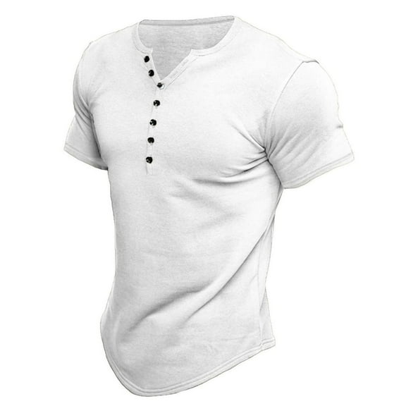Defitshape Men's Short Sleeve Henley Shirts Soft T Shirt V Neck Fitted Basic Crew Neck Summer Running Vacation Cotton Tshirt White Medium