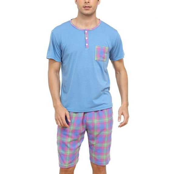 Defitshape Men's Short Sleeve Shorts Pajama Set Matching Plaid 2 Piece Summer Pajamas Comfy Soft Thin Vintage Fall Henley Shirt Casual Pocket Button Spandex Pjs Blue Orange XX-Large