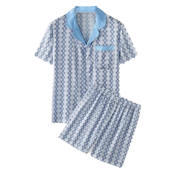 Defitshape Men's Short Sleeve Shorts Pajama Set Summer Sleepwear Soft V Neck Short Lightweight Silky Button Up Lounge Set Light Blue Small