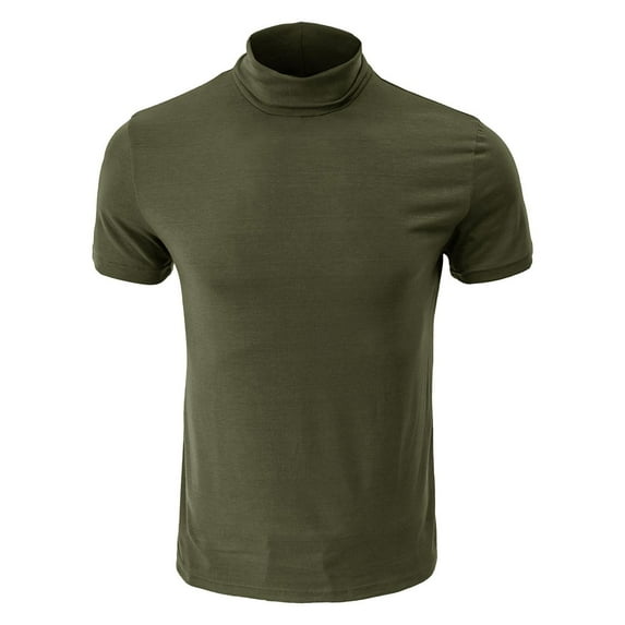 Defitshape Men's Short Sleeve T Shirt Solid Stretch Casual Mock Neck Tees Soft Summer Fitted Top Lightweight Pull On Slim Fit T-shirt Army Green 3X-Large