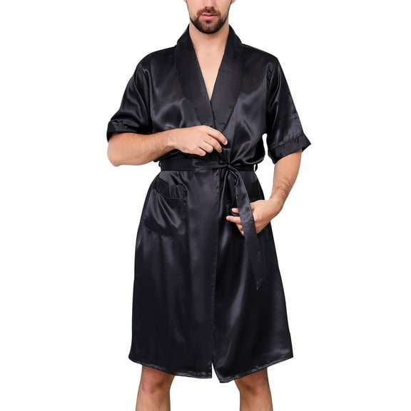 Defitshape Men's Short Sleeves Summer Satin Kimono Robe Silk Bathrobe Pockets Nightgown Robes Black US 2XL (Tag5XL)