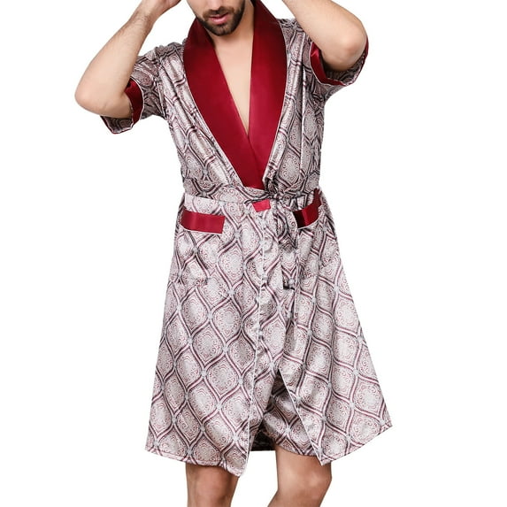 Defitshape Men's Short Sleeves Summer Satin Kimono Robe Silk Bathrobe Pockets Nightgown Robes Red US XL (Tag4XL)