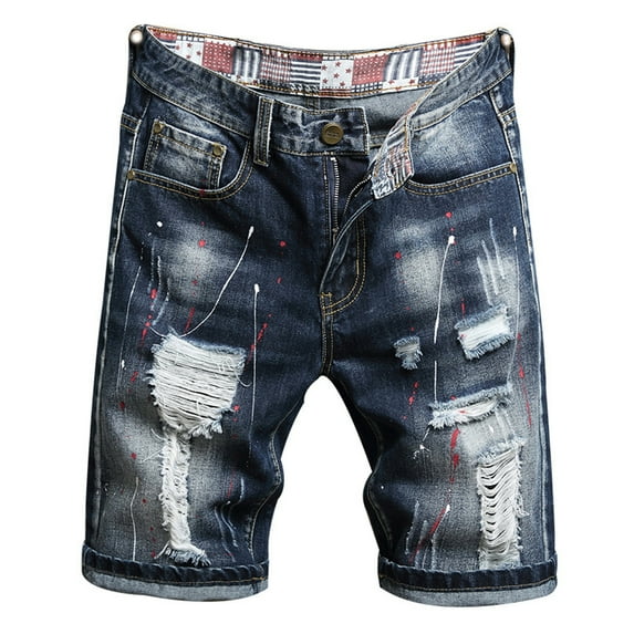 Defitshape Men's Shorts Ripped Jeans Slim Fit Denim Shorts Knee Length Straight Casual Fashion Big and Tall with Pockets Style3 32