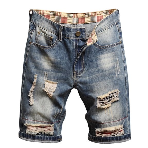Defitshape Men's Shorts Ripped Jeans Slim Fit Denim Shorts Knee Length Straight Casual Fashion Big and Tall with Pockets Style4 36