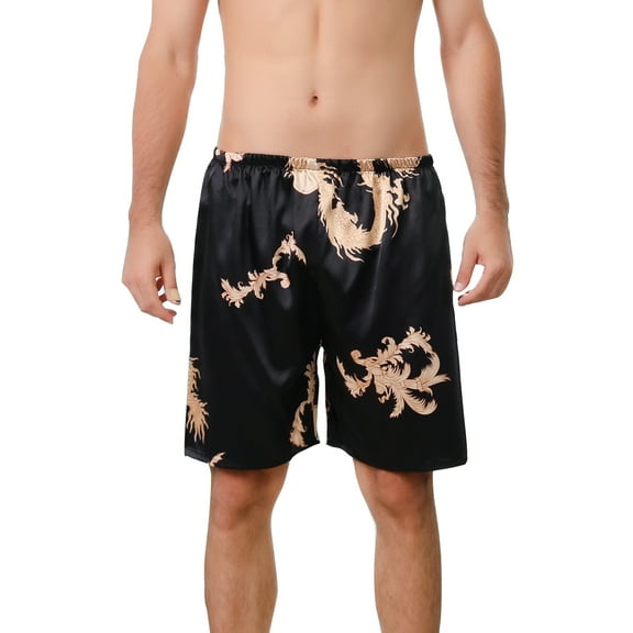 Defitshape Men's Shorts Silk Dragon Satin Boxers Underwear Luxury Loungewear Pajama Pants Black US XL (Tag4XL)