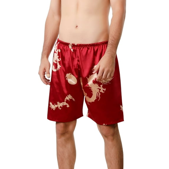 Defitshape Men's Shorts Silk Dragon Satin Boxers Underwear Luxury Loungewear Pajama Pants Red US L (Tag3XL)